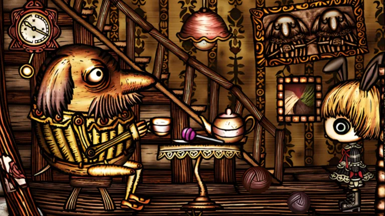 Long-nosed dog at the tea table with the doll inside the wooden house