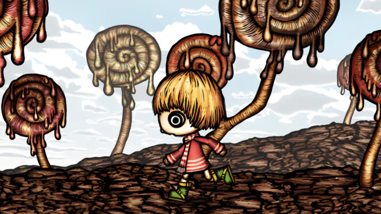 Doll walking through the dripping candy-lollipop grove at the start of Hanamushi's Doll Adventure